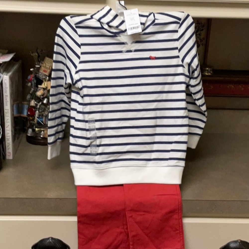 Carter’s stripe hoodie and red pants.  Size 5T